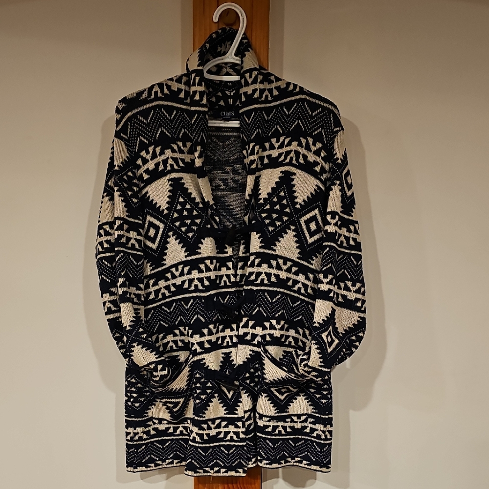 RALPH LAUREN Chaps Navy and White Southwestern Cardigan